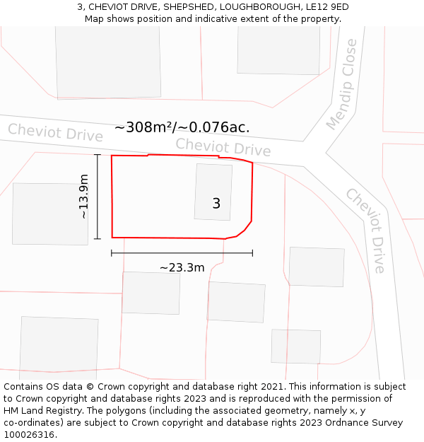 3, CHEVIOT DRIVE, SHEPSHED, LOUGHBOROUGH, LE12 9ED: Plot and title map