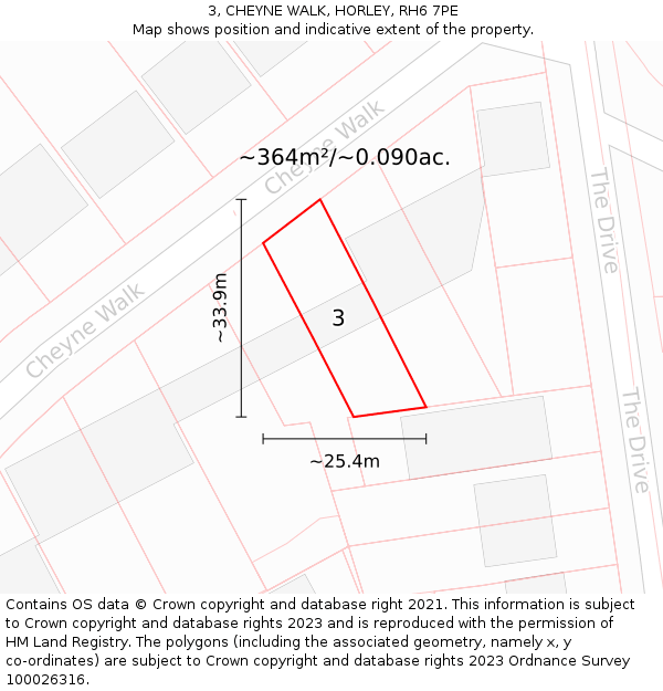 3, CHEYNE WALK, HORLEY, RH6 7PE: Plot and title map