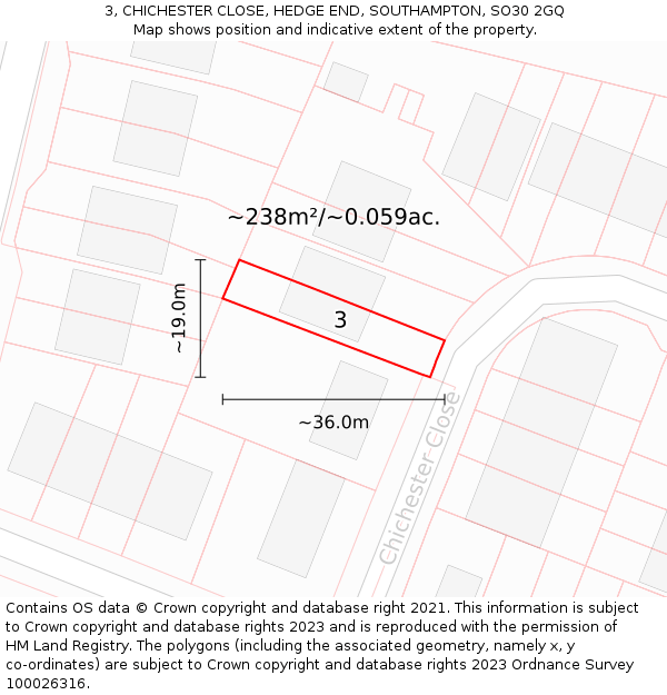 3, CHICHESTER CLOSE, HEDGE END, SOUTHAMPTON, SO30 2GQ: Plot and title map