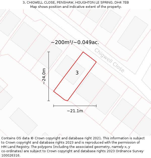 3, CHIGWELL CLOSE, PENSHAW, HOUGHTON LE SPRING, DH4 7EB: Plot and title map