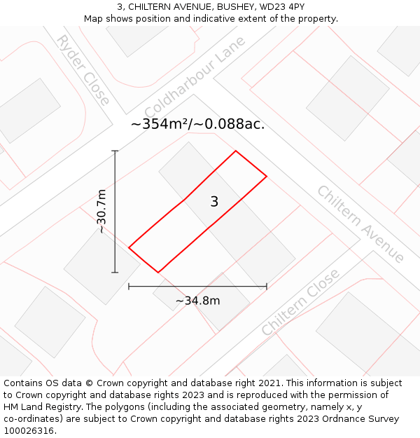 3, CHILTERN AVENUE, BUSHEY, WD23 4PY: Plot and title map