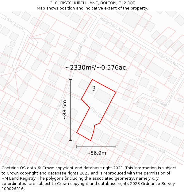 3, CHRISTCHURCH LANE, BOLTON, BL2 3QF: Plot and title map