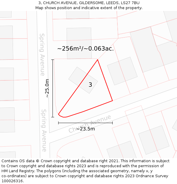 3, CHURCH AVENUE, GILDERSOME, LEEDS, LS27 7BU: Plot and title map