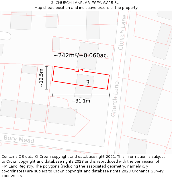 3, CHURCH LANE, ARLESEY, SG15 6UL: Plot and title map
