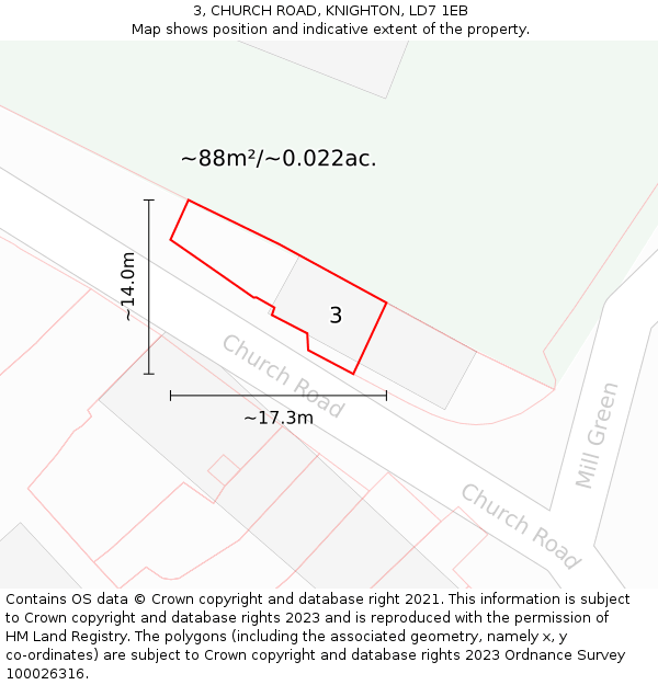 3, CHURCH ROAD, KNIGHTON, LD7 1EB: Plot and title map
