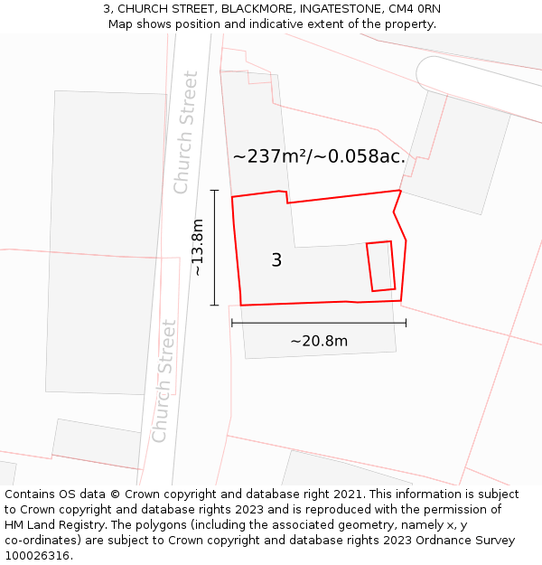 3, CHURCH STREET, BLACKMORE, INGATESTONE, CM4 0RN: Plot and title map