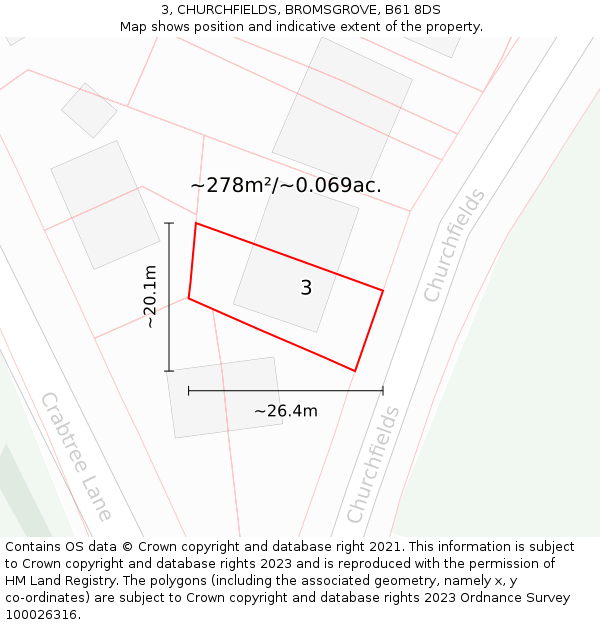 3, CHURCHFIELDS, BROMSGROVE, B61 8DS: Plot and title map