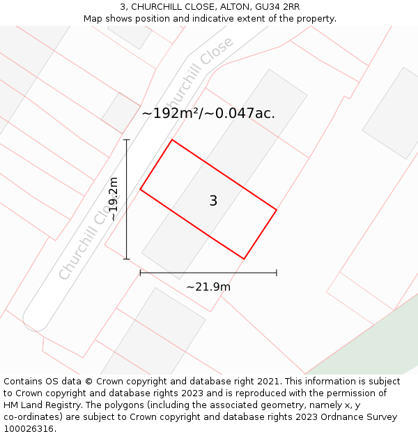 3, CHURCHILL CLOSE, ALTON, GU34 2RR: Plot and title map