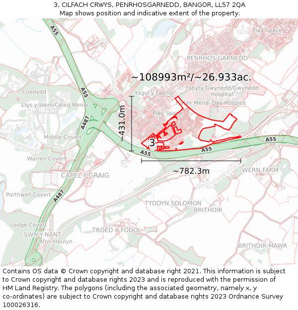 3, CILFACH CRWYS, PENRHOSGARNEDD, BANGOR, LL57 2QA: Plot and title map