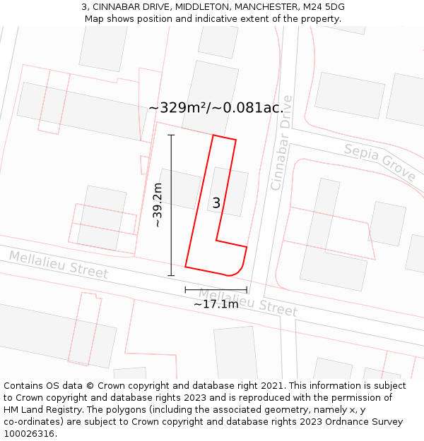 3, CINNABAR DRIVE, MIDDLETON, MANCHESTER, M24 5DG: Plot and title map