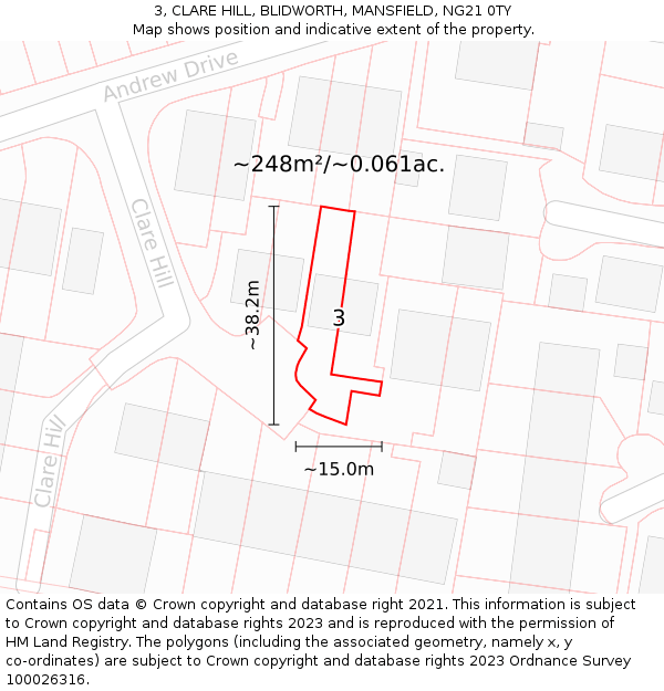 3, CLARE HILL, BLIDWORTH, MANSFIELD, NG21 0TY: Plot and title map