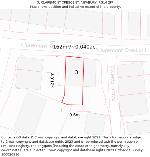 3, CLAREMONT CRESCENT, NEWBURY, RG14 2FF: Plot and title map