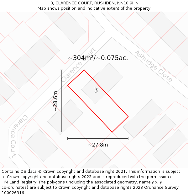 3, CLARENCE COURT, RUSHDEN, NN10 9HN: Plot and title map