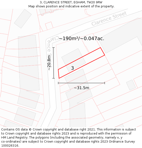 3, CLARENCE STREET, EGHAM, TW20 9RW: Plot and title map