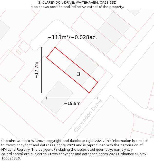 3, CLARENDON DRIVE, WHITEHAVEN, CA28 9SD: Plot and title map