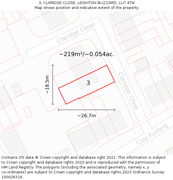 3, CLARIDGE CLOSE, LEIGHTON BUZZARD, LU7 4TW: Plot and title map