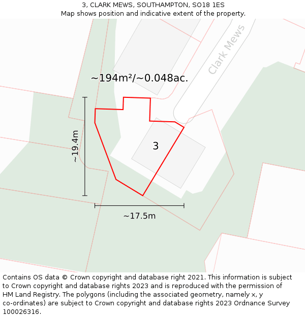 3, CLARK MEWS, SOUTHAMPTON, SO18 1ES: Plot and title map