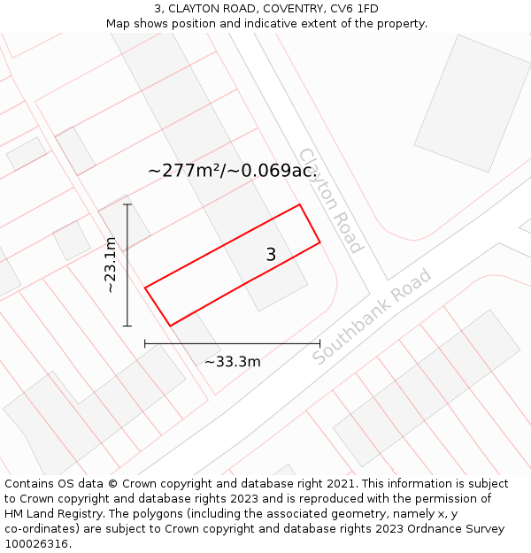 3, CLAYTON ROAD, COVENTRY, CV6 1FD: Plot and title map