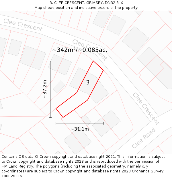 3, CLEE CRESCENT, GRIMSBY, DN32 8LX: Plot and title map