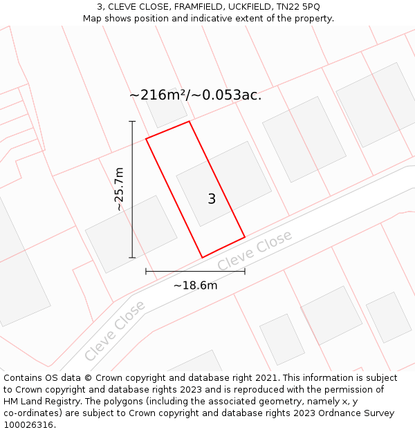 3, CLEVE CLOSE, FRAMFIELD, UCKFIELD, TN22 5PQ: Plot and title map