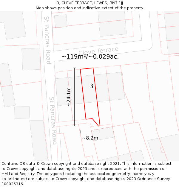 3, CLEVE TERRACE, LEWES, BN7 1JJ: Plot and title map