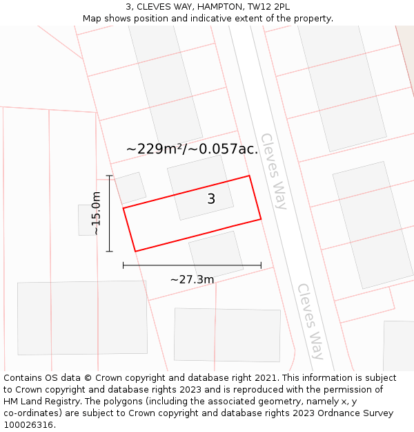 3, CLEVES WAY, HAMPTON, TW12 2PL: Plot and title map