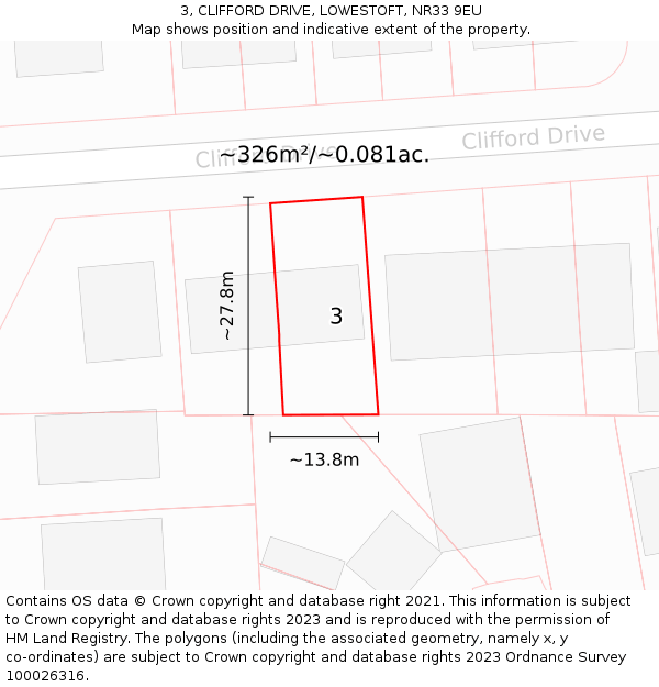 3, CLIFFORD DRIVE, LOWESTOFT, NR33 9EU: Plot and title map