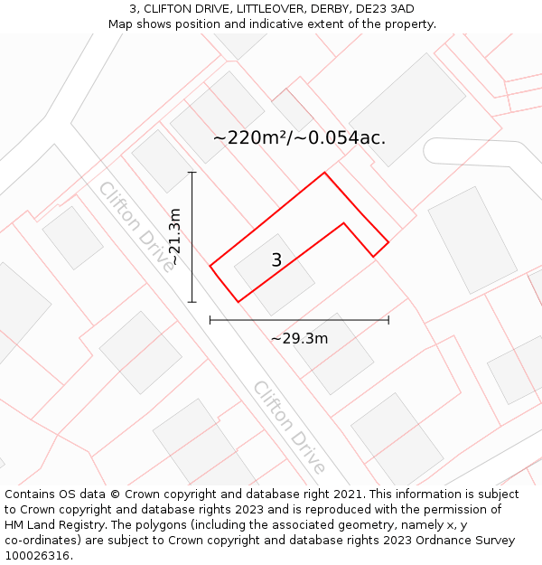 3, CLIFTON DRIVE, LITTLEOVER, DERBY, DE23 3AD: Plot and title map