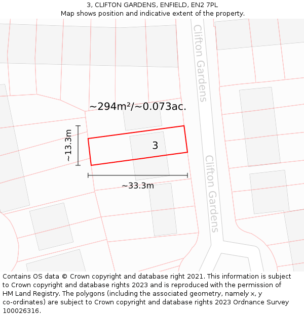 3, CLIFTON GARDENS, ENFIELD, EN2 7PL: Plot and title map