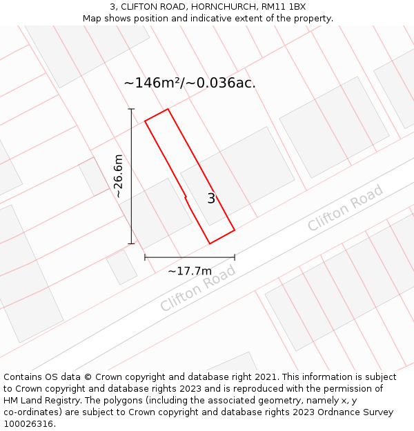 3, CLIFTON ROAD, HORNCHURCH, RM11 1BX: Plot and title map
