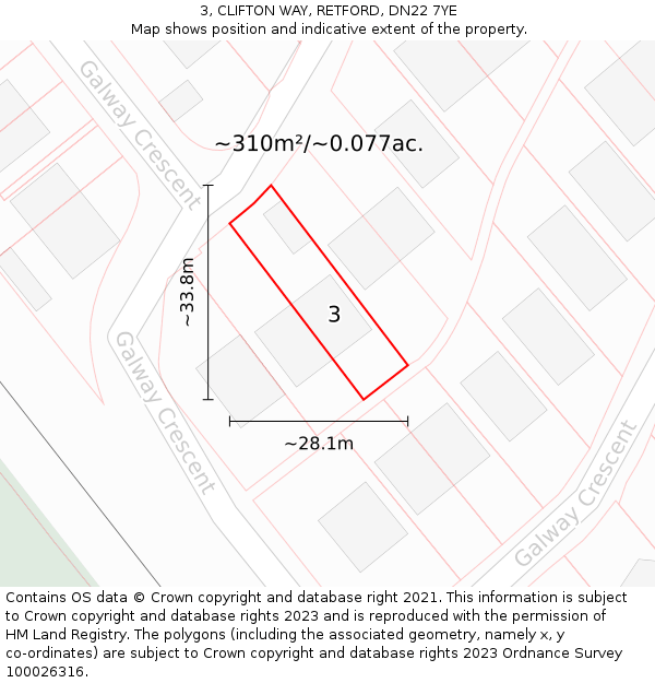 3, CLIFTON WAY, RETFORD, DN22 7YE: Plot and title map
