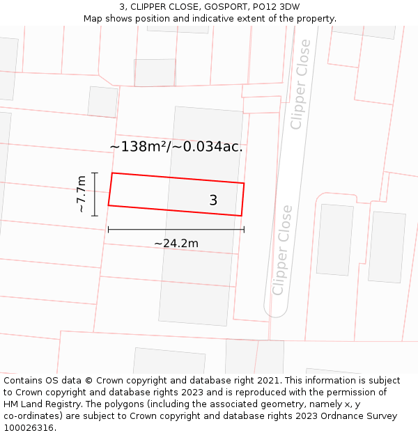 3, CLIPPER CLOSE, GOSPORT, PO12 3DW: Plot and title map