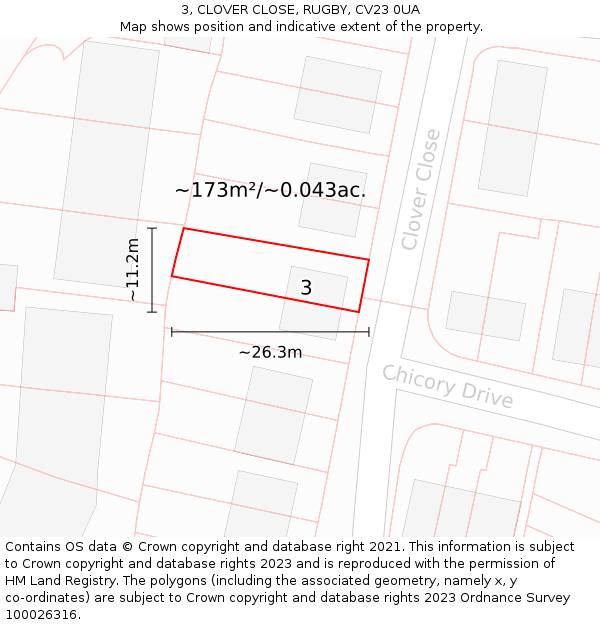 3, CLOVER CLOSE, RUGBY, CV23 0UA: Plot and title map