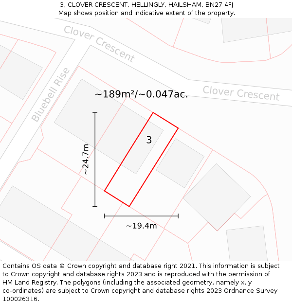 3, CLOVER CRESCENT, HELLINGLY, HAILSHAM, BN27 4FJ: Plot and title map