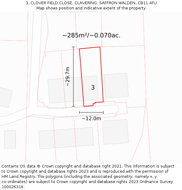 3, CLOVER FIELD CLOSE, CLAVERING, SAFFRON WALDEN, CB11 4FU: Plot and title map