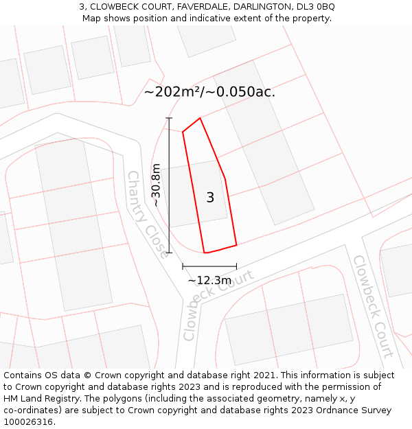 3, CLOWBECK COURT, FAVERDALE, DARLINGTON, DL3 0BQ: Plot and title map