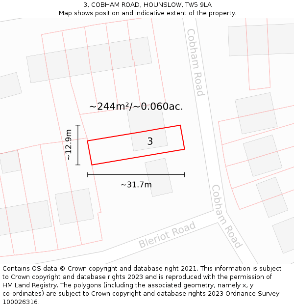 3, COBHAM ROAD, HOUNSLOW, TW5 9LA: Plot and title map