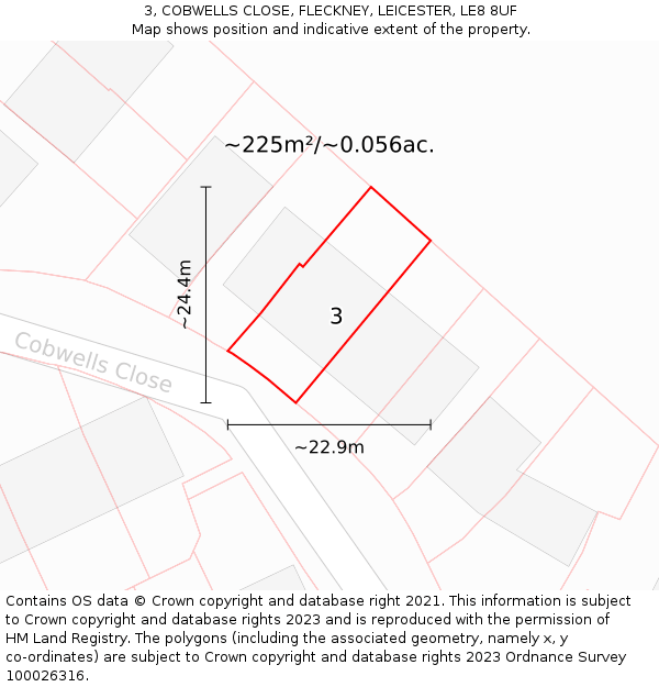 3, COBWELLS CLOSE, FLECKNEY, LEICESTER, LE8 8UF: Plot and title map