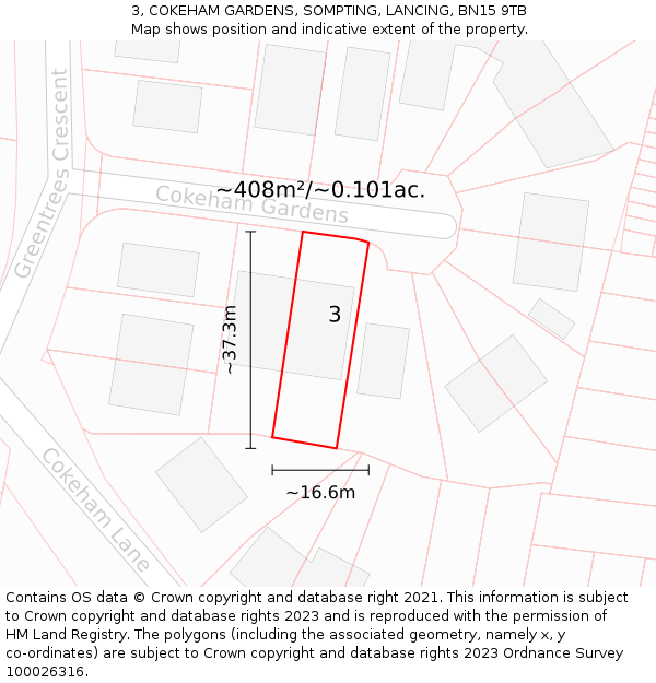 3, COKEHAM GARDENS, SOMPTING, LANCING, BN15 9TB: Plot and title map