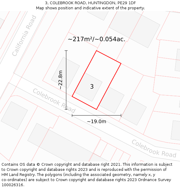 3, COLEBROOK ROAD, HUNTINGDON, PE29 1DF: Plot and title map