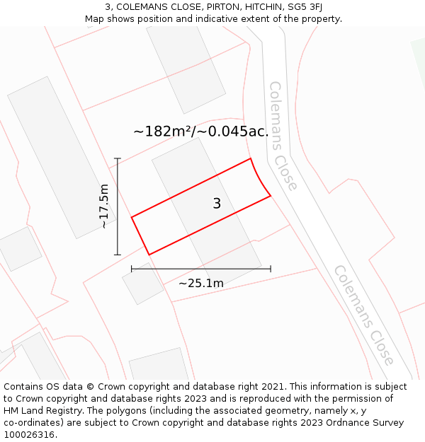 3, COLEMANS CLOSE, PIRTON, HITCHIN, SG5 3FJ: Plot and title map