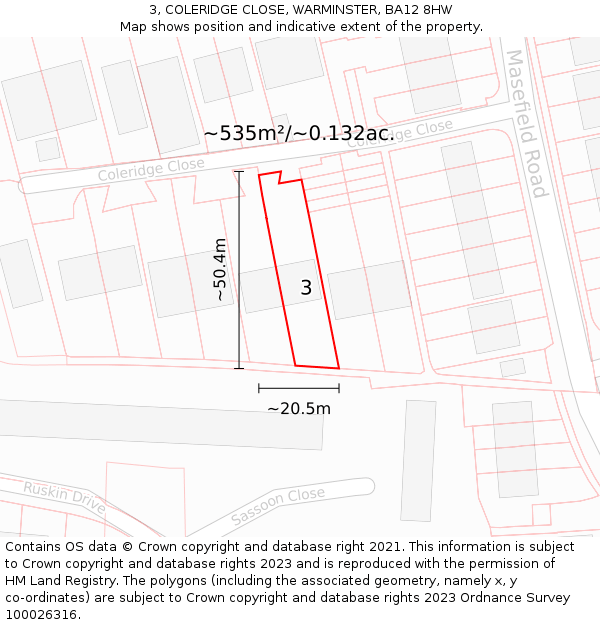 3, COLERIDGE CLOSE, WARMINSTER, BA12 8HW: Plot and title map