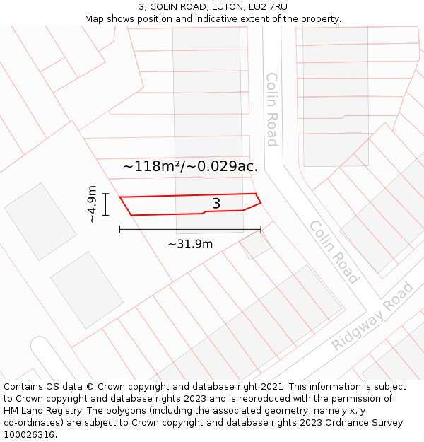 3, COLIN ROAD, LUTON, LU2 7RU: Plot and title map