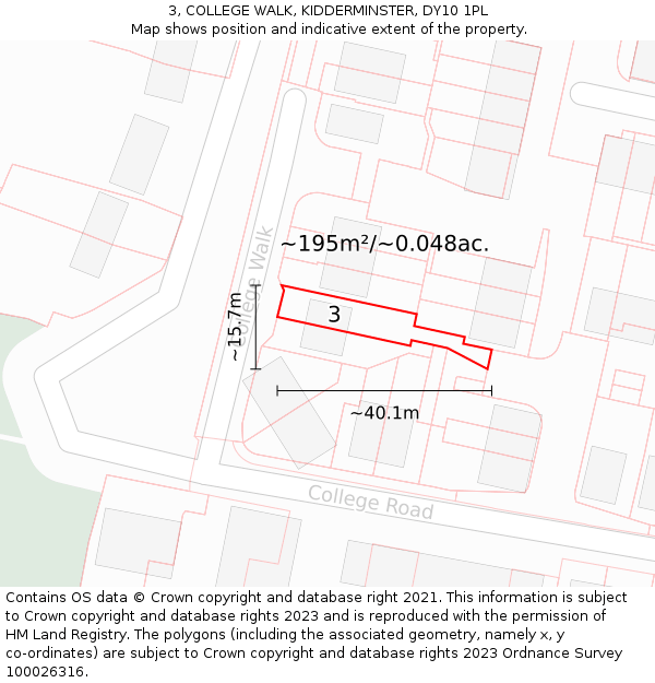 3, COLLEGE WALK, KIDDERMINSTER, DY10 1PL: Plot and title map