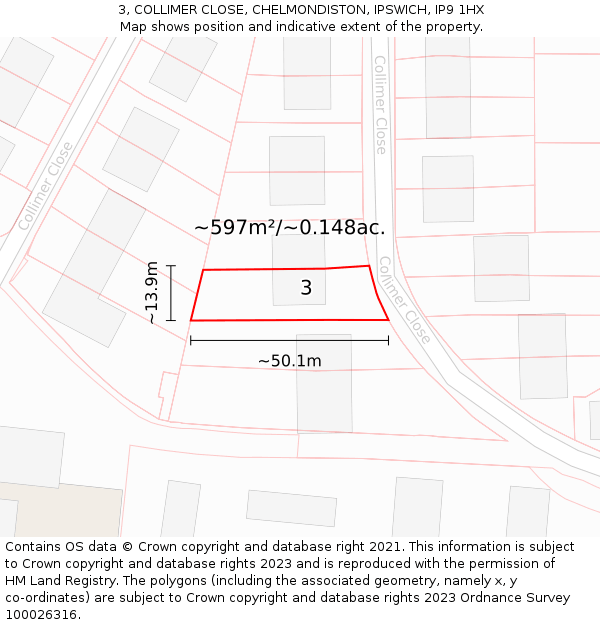 3, COLLIMER CLOSE, CHELMONDISTON, IPSWICH, IP9 1HX: Plot and title map