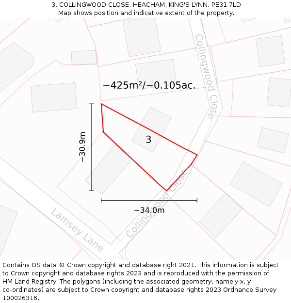 3, COLLINGWOOD CLOSE, HEACHAM, KING'S LYNN, PE31 7LD: Plot and title map