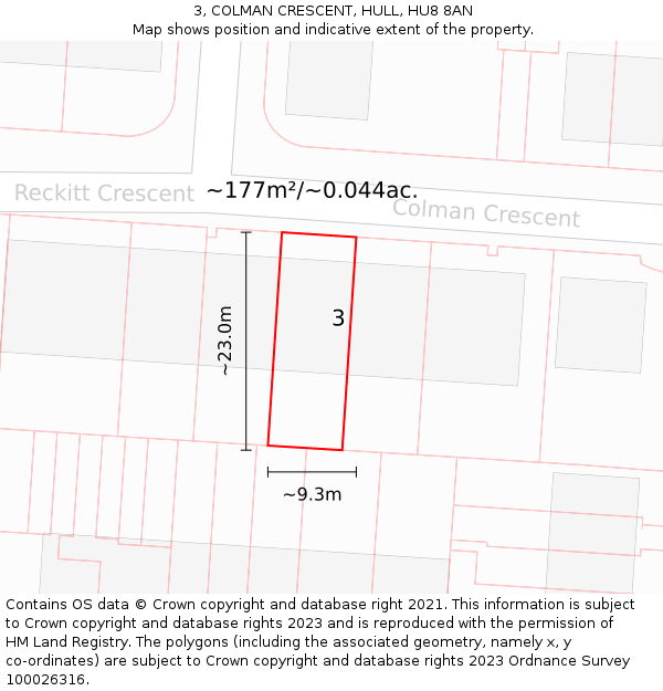 3, COLMAN CRESCENT, HULL, HU8 8AN: Plot and title map