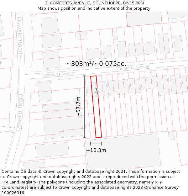 3, COMFORTS AVENUE, SCUNTHORPE, DN15 6PN: Plot and title map