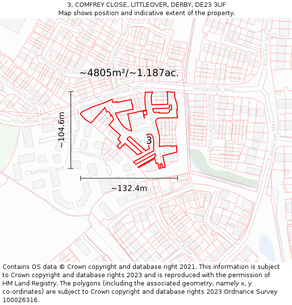 3, COMFREY CLOSE, LITTLEOVER, DERBY, DE23 3UF: Plot and title map