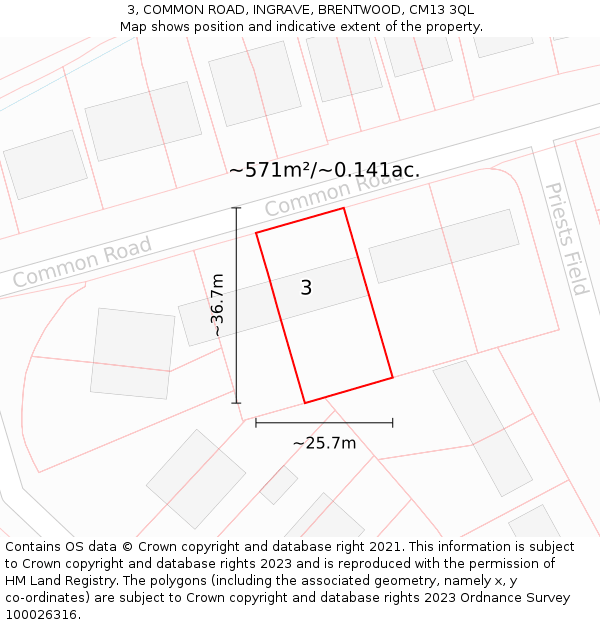 3, COMMON ROAD, INGRAVE, BRENTWOOD, CM13 3QL: Plot and title map